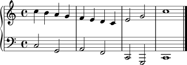 
\version "2.24.0"
\score {
  \new PianoStaff <<
    \new Staff = "right" \relative c'' {
      \clef treble
      \key c \major
      \time 4/4
      c4 b a g | f e d c | e2 g | c1 \bar "|."
    }
    \new Staff = "left" \relative c {
      \clef bass
      \key c \major
      \time 4/4
      c2 g | a f | c g | c1 \bar "|."
    }
  >>
  \layout { }
  \midi { }
}
