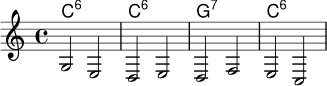 
<<
  \new ChordNames \chordmode {
    c1:6 c1:6 g1:7 c1:6
  }
  \new Staff \relative c' {
    \key c \major
    \time 4/4
    g2 e2 | d2 e2 | d2 f2 | e2 c2
  }
>>
