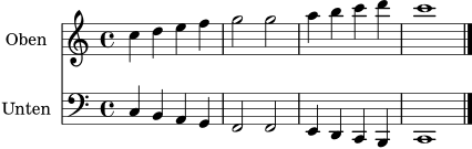 \version "2.24.0"
\score {
<<
\new Staff \with { instrumentName = "Oben" midiInstrument = "flute" } \relative c'' { \time 4/4 \key c \major c4 d e f | g2 g | a4 b c d | c1 \bar "|." }
\new Staff \with { instrumentName = "Unten" midiInstrument = "bassoon" } \relative c { \clef bass \time 4/4 \key c \major c4 b a g | f2 f | e4 d c b | c1 \bar "|." }
>>
\layout {}
\midi {}
}