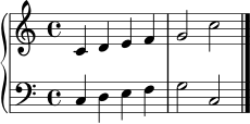 \new PianoStaff <<
\new Staff \relative c' {
\clef treble
\time 4/4
c4 d e f | g2 c2 | \bar "|."
}
\new Staff \relative c {
\clef bass
\time 4/4
c4 d e f | g2 c,2 | \bar "|."
}
>>