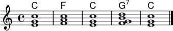 <<
\new ChordNames \chordmode { c1 f c g:7 c }
\new Staff \relative c' {
\key c \major
<e g c>1
<f a c>1
<e g c>1
<f g b d>1
<e g c>1
\bar "|."
}
>>