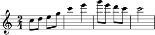 
\relative c'' { \key c \major \time 2/4 c8 d e g | c4 e | g8 e d c | c2 }
