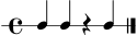 
\version "2.22.0"
\score {
  \new RhythmicStaff {
    \time 4/4
    c4 c4 r4 c4 \bar "|."
  }
  \layout { }
  \midi { \tempo 4 = 86 }
}
