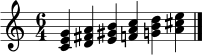\relative c' { \clef treble \time 6/4 <c e g>4 <d fis a> <e gis b> <f a c> <g b d> <a cis e> \bar "|." }