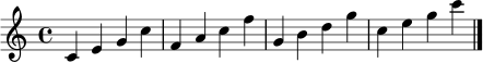 \relative c' { \clef treble \time 4/4 c4 e g c | f, a c f | g, b d g | c, e g c \bar "|." }
