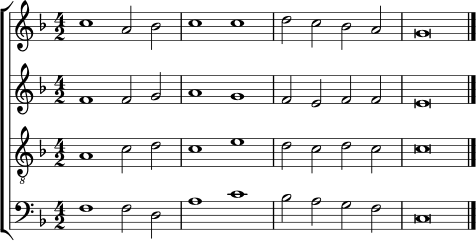 
\score {
  \new ChoirStaff <<
    \new Staff \relative c'' {
      \key f \major
      \time 4/2
      c1 a2 bes | c1 c | d2 c bes a | g\breve \bar "|."
    }
    \new Staff \relative c' {
      \key f \major
      \time 4/2
      f1 f2 g | a1 g | f2 e f f | e\breve \bar "|."
    }
    \new Staff \relative c' {
      \clef "treble_8"
      \key f \major
      \time 4/2
      a1 c2 d | c1 e | d2 c d c | c\breve \bar "|."
    }
    \new Staff \relative c {
      \clef bass
      \key f \major
      \time 4/2
      f1 f2 d | a'1 c | bes2 a g f | c\breve \bar "|."
    }
  >>
  \layout { }
  \midi { \tempo 2 = 76 }
}
