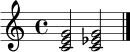 \relative c' { \clef treble \time 4/4 <c e g>2 <c ees g>2 \bar "|." }