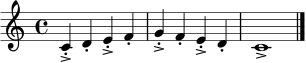 \relative c' {
\clef treble
\time 4/4
c4->-. d-. e->-. f-. | g4->-. f-. e->-. d-. | c1-> \bar "|."
}
