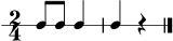 
\version "2.22.0"
\score {
  \new RhythmicStaff {
    \time 2/4
    c8 c8 c4 | c4 r4 \bar "|."
  }
  \layout { }
  \midi { \tempo 4 = 96 }
}
