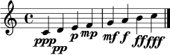 \relative c' {
\clef treble
\time 4/4
c4\ppp d\pp e\p f\mp | g\mf a\f b\ff c\fff \bar "|."
}