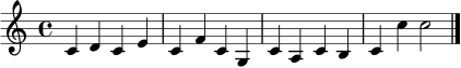 \relative c' {
\clef treble
\time 4/4
c4 d c e | c f c g | c a c b | c c' c2 \bar "|."
}
