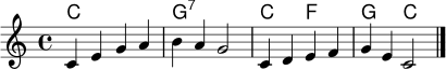 <<
\new ChordNames \chordmode { c1 g:7 c2 f g2 c }
\new Staff \relative c' {
\key c \major
\time 4/4
c4 e g a | b4 a g2 | c,4 d e f | g4 e c2 \bar "|."
}
>>