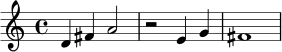 \relative c' {
\time 4/4
d4 fis a2 |
r2 e4 g |
fis1 |
}
