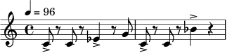 \relative c' {
\time 4/4
\tempo 4 = 96
c8-> r8 c8 r8 ees4-> r8 g8 |
c,8-> r8 c8 r8 bes'4-> r4 |
}