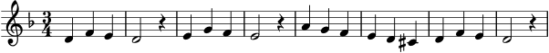 \version "2.24.0"
\score {
\new Staff \relative c' {
\clef treble
\key d \minor
\time 3/4
d4 f e | d2 r4 |
e4 g f | e2 r4 |
a4 g f | e d cis |
d4 f e | d2 r4
}
\layout { }
\midi { }
}