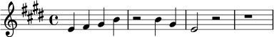 \version "2.24.0"
\relative c' {
\key e \major
\time 4/4
e4 fis gis b |
r2 b4 gis |
e2 r2 |
r1 |
}