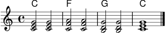
\version "2.22.0"
\header { tagline = ##f }
\score {
  <<
    \new ChordNames { \chordmode { c1 f g c } }
    \new Staff \relative c' {
      \clef treble
      \key c \major
      \time 4/4
      <c e g>2 <c e g>2
      <c f a>2 <c f a>2
      <b d g>2 <b d g>2
      <c e g>1
      \bar "|."
    }
  >>
  \layout { }
  \midi { \tempo 4 = 76 }
}
