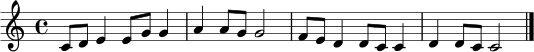\relative c' { \clef treble \key c \major \time 4/4 c8 d e4 e8 g g4 | a4 a8 g g2 | f8 e d4 d8 c c4 | d4 d8 c c2 \bar "|." }