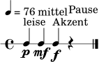 
\version "2.22.0"
\header { tagline = ##f }
\paper { indent = 0\mm }
\score {
  \new RhythmicStaff {
    \tempo 4 = 76
    \time 4/4
    c4\p^\markup { "leise" } c4\mf^\markup { "mittel" } c4\f^\markup { "Akzent" } r4^\markup { "Pause" }
    \bar "|."
  }
  \layout { }
  \midi { }
}
