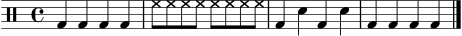 
\version "2.22.0"
\score {
  \new DrumStaff \drummode {
    \time 4/4
    bd4 bd4 bd4 bd4 | hh8 hh hh hh hh hh hh hh | bd4 sn4 bd4 sn4 | bd4 bd4 bd4 bd4 \bar "|."
  }
  \layout { }
  \midi { }
}
