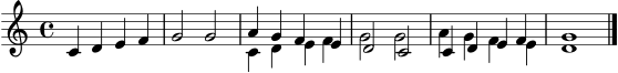 \version "2.24.0"
\score {
<<
\new Staff <<
\new Voice = "eins" \relative c' {
\voiceOne
\clef treble
\key c \major
\time 4/4
c4 d e f | g2 g | a4 g f e | d2 c | c4 d e f | g1 \bar "|."
}
\new Voice = "zwei" \relative c' {
\voiceTwo
s1 | s1 | c4 d e f | g2 g | a4 g f e | d1
}
>>
>>
\layout { }
\midi { \tempo 4 = 92 }
}