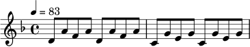 \relative c' {
\key d \minor
\time 4/4
\tempo 4 = 83
d8 a' f a d, a' f a |
c,8 g' e g c, g' e g |
}
