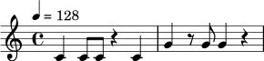 \relative c' {
\time 4/4
\tempo 4 = 128
c4 c8 c r4 c |
g'4 r8 g g4 r |
}