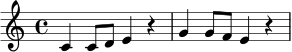 \relative c' {
\time 4/4
c4 c8 d e4 r4 |
g4 g8 f e4 r4 |
}