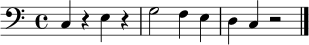 
\relative c {
  \clef bass
  \time 4/4
  c4 r e r | g2 f4 e | d4 c r2 \bar "|."
}
