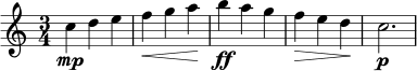 \relative c'' {
\clef treble
\time 3/4
c4\mp d e
f4\< g a\!
b4\ff a g
f4\> e d\!
c2.\p
}