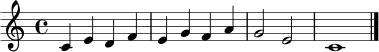 \relative c' { \clef treble \time 4/4 c4 e d f | e g f a | g2 e2 | c1 \bar "|." }