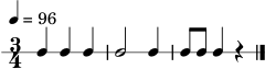 \version "2.22.0"
\header { tagline = "" }
\score {
\new RhythmicStaff {
\numericTimeSignature
\time 3/4
\tempo 4 = 96
c4 c4 c4 | c2 c4 | c8 c8 c4 r4 | \bar "|."
}
\layout { }
\midi { }
}