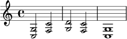
\relative c {
  \time 4/4
  <c g'>2 <f c'>2 |
  <g d'>2 <f c'>2 |
  <c g'>1 |
}
