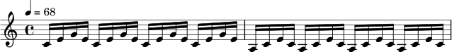 \relative c' {
\key c \major
\time 4/4
\tempo 4 = 68
c16 e g e c e g e c e g e c e g e |
a,16 c e c a c e c a c e c a c e c |
}