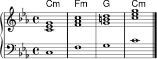 \version "2.22.0"
akkorde = \chordmode { c1:m f:m g c:m }
\score {
<<
\new ChordNames \akkorde
\new PianoStaff <<
\new Staff \relative c' {
\key c \minor
\time 4/4
<c ees g>1
<f aes c>1
<g b d>1
<c ees g>1
\bar "|."
}
\new Staff \relative c {
\clef bass
\key c \minor
c1
f1
g1
c1
}
>>
>>
\layout { }
\midi { \tempo 4 = 64 }
}