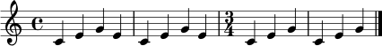 \relative c' { \clef treble \key c \major \time 4/4 c4 e g e | c4 e g e | \time 3/4 c4 e g | c,4 e g \bar "|." }