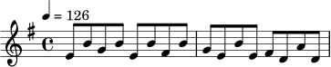 \relative c' {
\tempo 4 = 126
\time 4/4
\key e \minor
e8 b' g b e, b' fis b | g e b' e, fis d a' d,
}