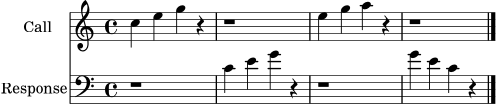 \version "2.24.0"
\score {
<<
\new Staff \with { instrumentName = "Call" midiInstrument = "trumpet" } \relative c'' { \time 4/4 \key c \major c4 e g r | r1 | e4 g a r | r1 \bar "|." }
\new Staff \with { instrumentName = "Response" midiInstrument = "trombone" } \relative c' { \clef bass \time 4/4 \key c \major r1 | c4 e g r | r1 | g4 e c r \bar "|." }
>>
\layout {}
\midi {}
}