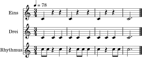 \version "2.24.0"
\header { tagline = ##f }
\score {
<<
\new Staff \with { instrumentName = "Eins" } \relative c' {
\clef treble
\time 3/4
\tempo 4 = 78
c4 r r | c4 r r | c4 r r | c2. \bar "|."
}
\new Staff \with { instrumentName = "Drei" } \relative c' {
\clef treble
\time 3/4
c4 c c | c4 c c | c4 c c | c2. \bar "|."
}
\new Staff \with { instrumentName = "Rhythmus" } \relative c'' {
\clef treble
\time 3/4
c8 c r4 c | r4 c8 c c4 | c4 r c8 c | c2. \bar "|."
}
>>
\layout { }
\midi { }
}