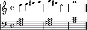 \score {
<<
\new Staff {
\clef treble
\key a \minor
\time 4/4
e''4 f'' gis'' a'' b'' gis'' e''2 a''1 \bar "|."
}
\new Staff {
\clef bass
\key a \minor
\time 4/4
<e gis b d'>1 <e gis b d'>1 <a c' e'>1 \bar "|."
}
>>
\layout { }
\midi { \tempo 4 = 68 }
}