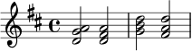 
\relative c' {
  \key d \major
  \time 4/4
  <d g a>2 <d fis a> |
  <g b d>2 <fis a d> |
}
