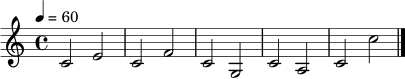 \relative c' {
\time 4/4
\key c \major
\tempo 4 = 60
c2 e | c f | c g | c a | c c' \bar "|."
}