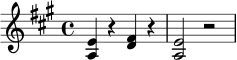 \relative c' {
\key a \major
\time 4/4
<a e'>4 r4 <d fis>4 r4 |
<a e'>2 r2 |
}