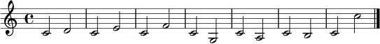 \relative c' { \time 4/4 c2 d | c e | c f | c g | c a | c b | c c' | \bar "|." }