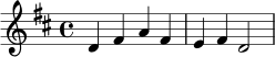 \relative c' {
\key d \major
\time 4/4
d4 fis a fis |
e4 fis d2 |
}
