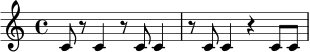 \relative c' {
\time 4/4
c8 r c4 r8 c8 c4 |
r8 c8 c4 r4 c8 c |
}