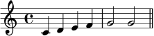 
\relative c' {
  \clef treble
  \key c \major
  \time 4/4
  c4 d e f | g2 g | \bar "||"
}
