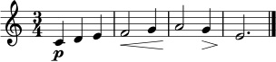 \relative c' {
\key c \major
\time 3/4
c4\p d e | f2\< g4 | a2\! g4\> | e2.\! \bar "|."
}