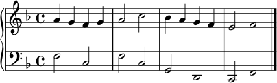 \version "2.24.0"
\score {
\new PianoStaff <<
\new Staff = "Melodie" \relative c'' {
\clef treble
\key f \major
\time 4/4
a4 g f g | a2 c | bes4 a g f | e2 f \bar "|."
}
\new Staff = "Begleitung" \relative c {
\clef bass
\key f \major
\time 4/4
f2 c | f c | g d | c f \bar "|."
}
>>
\layout { }
\midi { \tempo 4 = 76 }
}