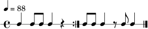\new RhythmicStaff {
\time 4/4
\tempo 4 = 88
\repeat volta 2 { c4 c8 c8 c4 r4 }
c8 c8 c4 r8 c8 c4 \bar "|."
}